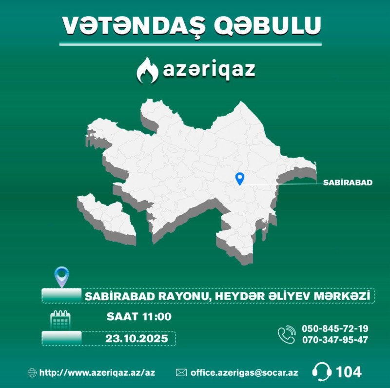 SOCAR-ın "Azəriqaz" İB rəhbərliyinin növbəti vətəndaş qəbulu Sabirabadda baş tutacaq