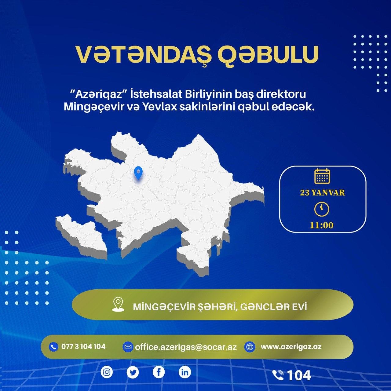 "Azəriqaz" İB rəhbərliyinin növbəti vətəndaş qəbulu Mingəçevirdə keçiriləcək