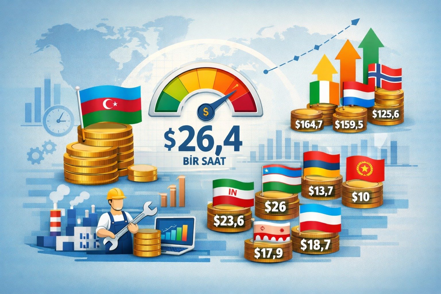 Dünyada və Azərbaycanda 1 saatlıq əməyin dəyəri neçədir? - RƏQƏMLƏR