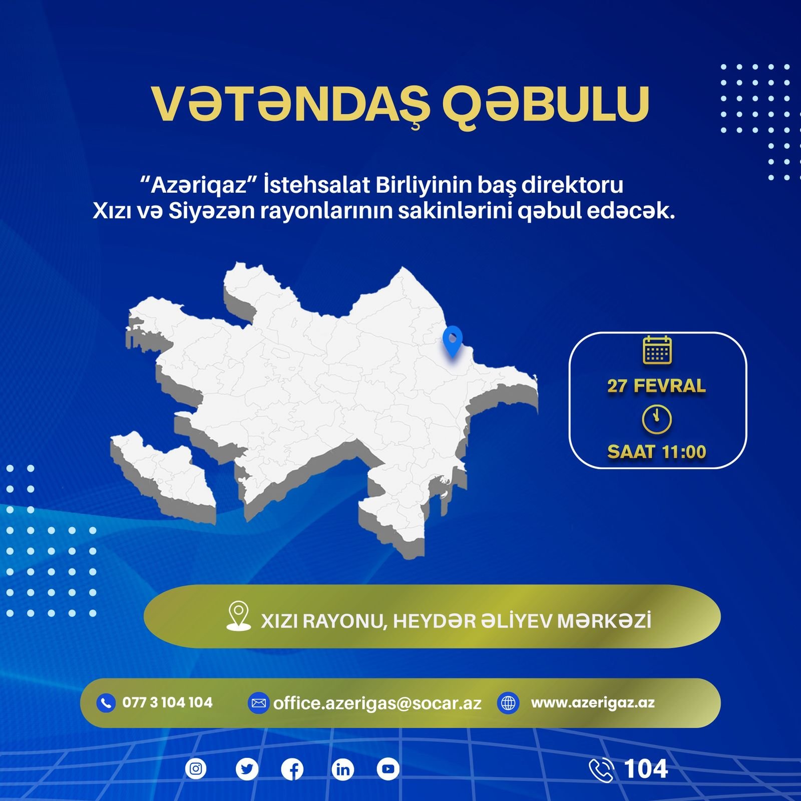 SOCAR-ın "Azəriqaz" İB rəhbərliyinin növbəti vətəndaş qəbulu Xızı rayonunda keçiriləcək