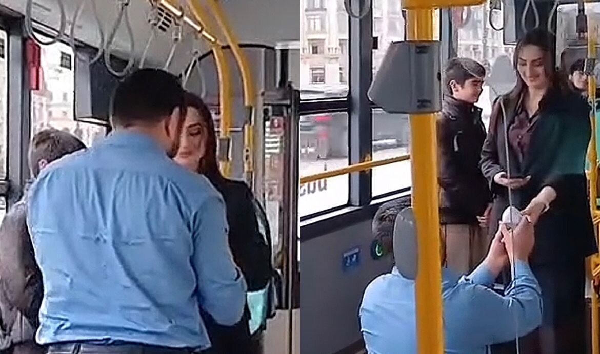 Bakıda sürücü avtobusda sevdiyi xanıma evlilik təklif etdi - Video