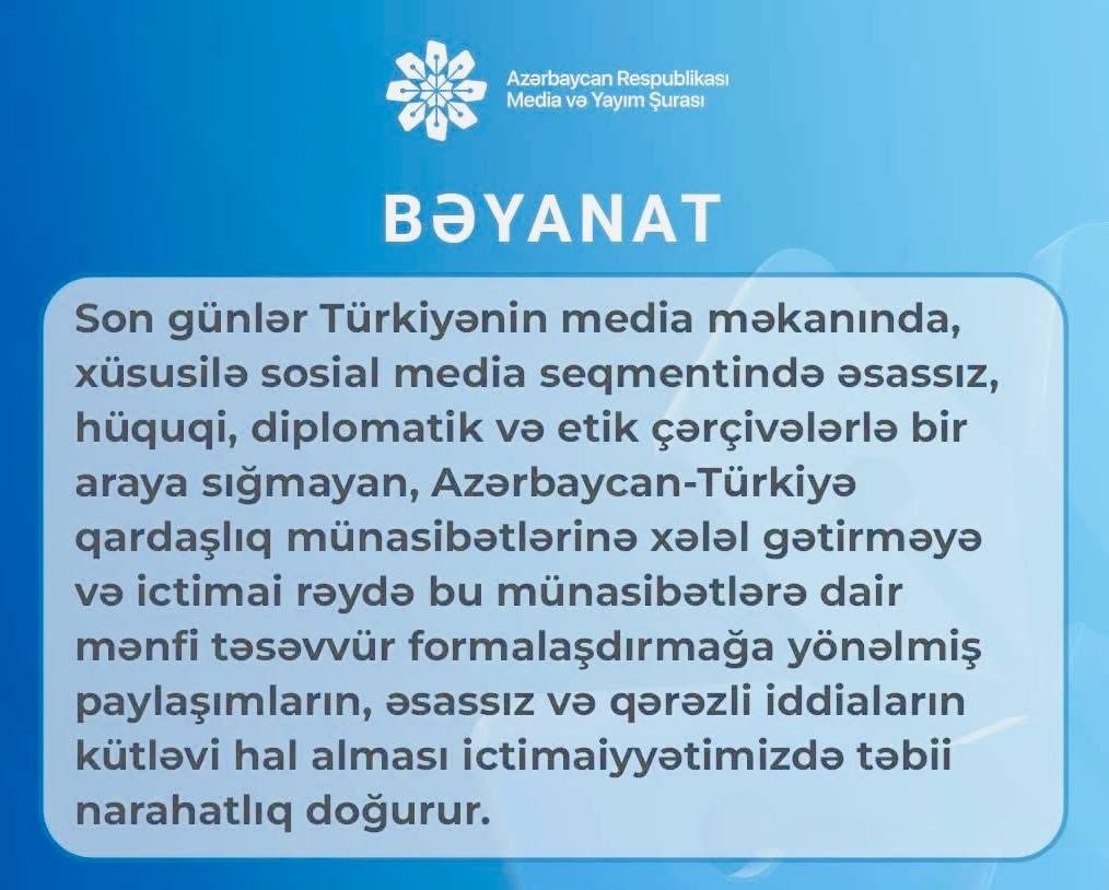 Media və Yayım Şurası Türkiyədə anti-Azərbaycan kampaniyası ilə bağlı bəyanat yaydı